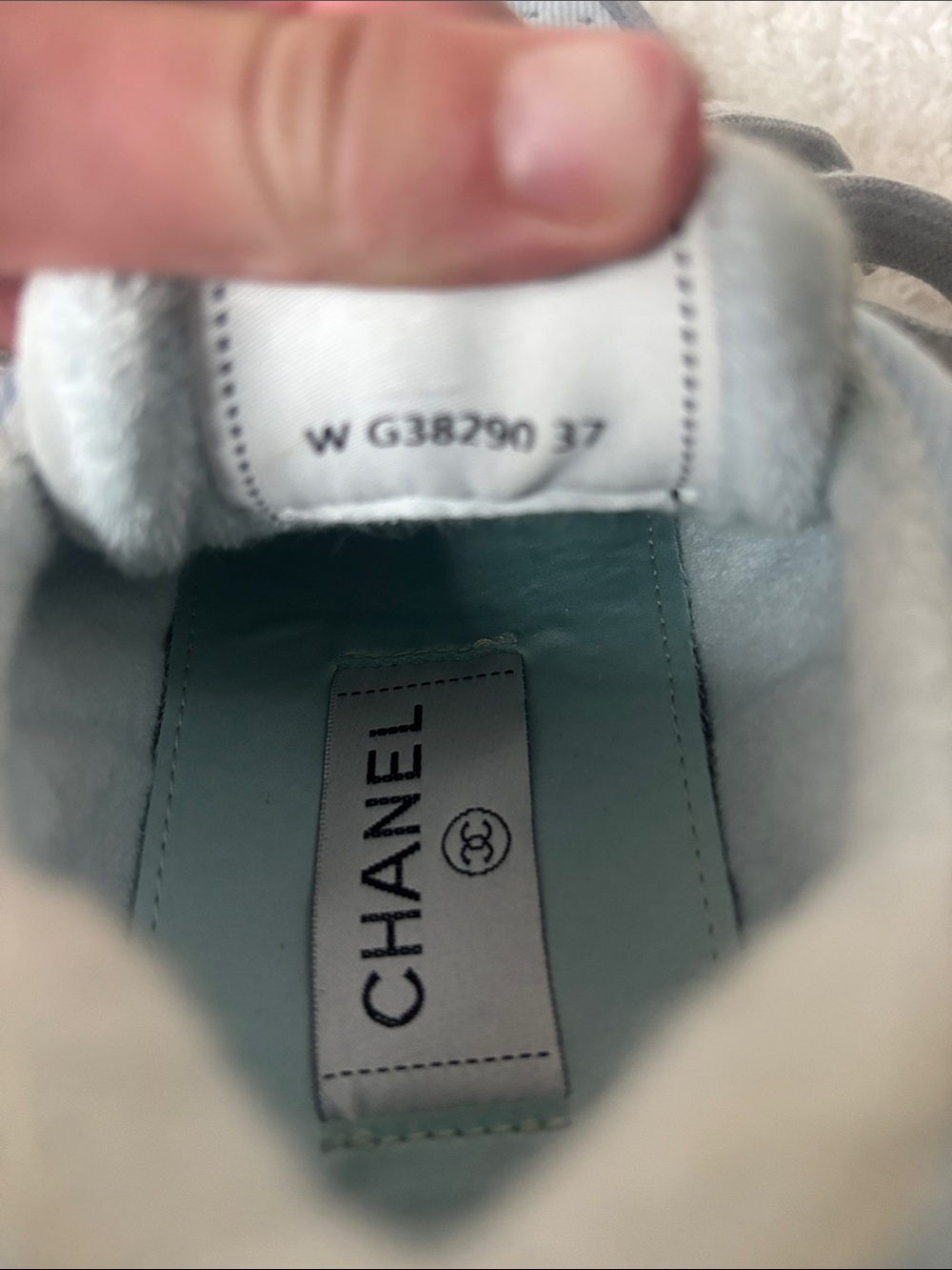 CHANEL authentic 2022 spring/summer Light Blue/Gray women’s 7.5 Low-Top Sneakers - Picture 2 of 7